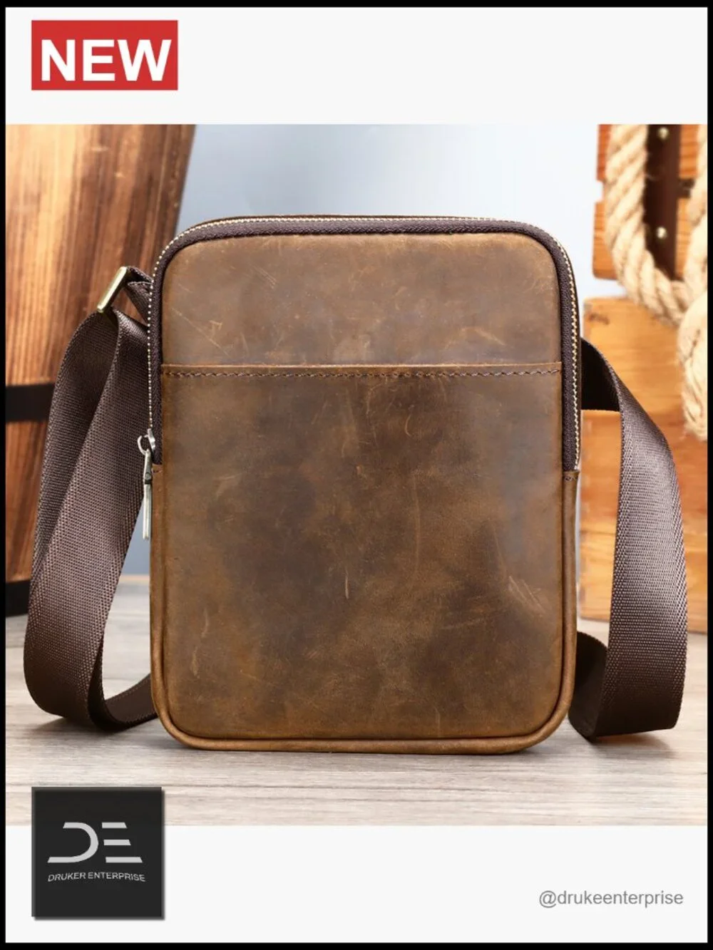 Mini Genuine Leather Messenger Shoulder Bag for Men with Multiple Zipper Pockets